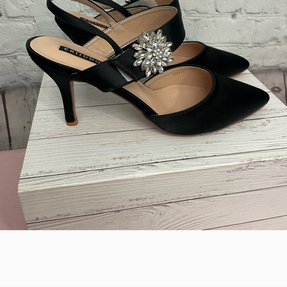 Black Mid Heel Satin Pointed Toe Slingback Rhinestone Brooch Size 11